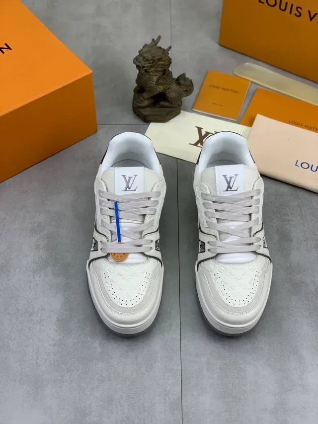 Louis Vuitton LV Trainer Beige Black Embossed Monogram Leather Layered Panel Construction Lifestyle Sneakers 5