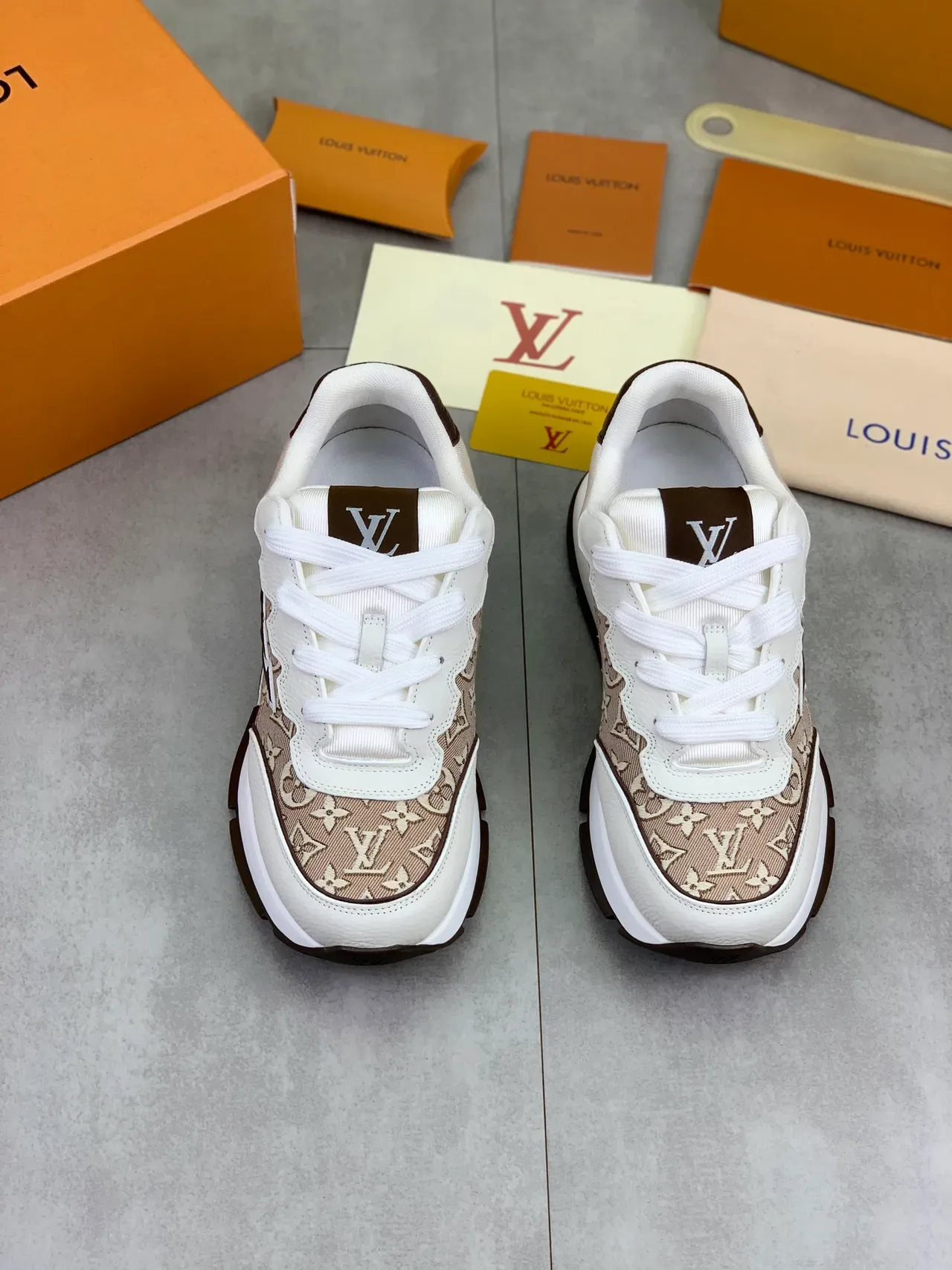 Louis Vuitton LV Trainer Beige Brown Monogram Canvas Wavy Layered Upper Lifestyle Sneakers 4