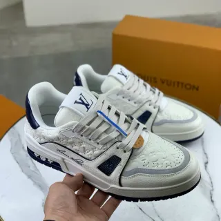Louis Vuitton LV Trainer Beige Navy Embossed Monogram Leather Sculpted Layered Midsole Lifestyle Sneakers