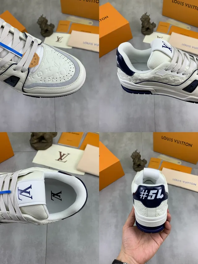 Louis Vuitton LV Trainer Beige Navy Embossed Monogram Leather Sculpted Layered Midsole Lifestyle Sneakers 2