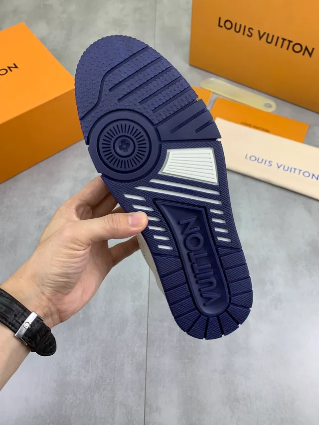 Louis Vuitton LV Trainer Beige Navy Embossed Monogram Leather Sculpted Layered Midsole Lifestyle Sneakers 3