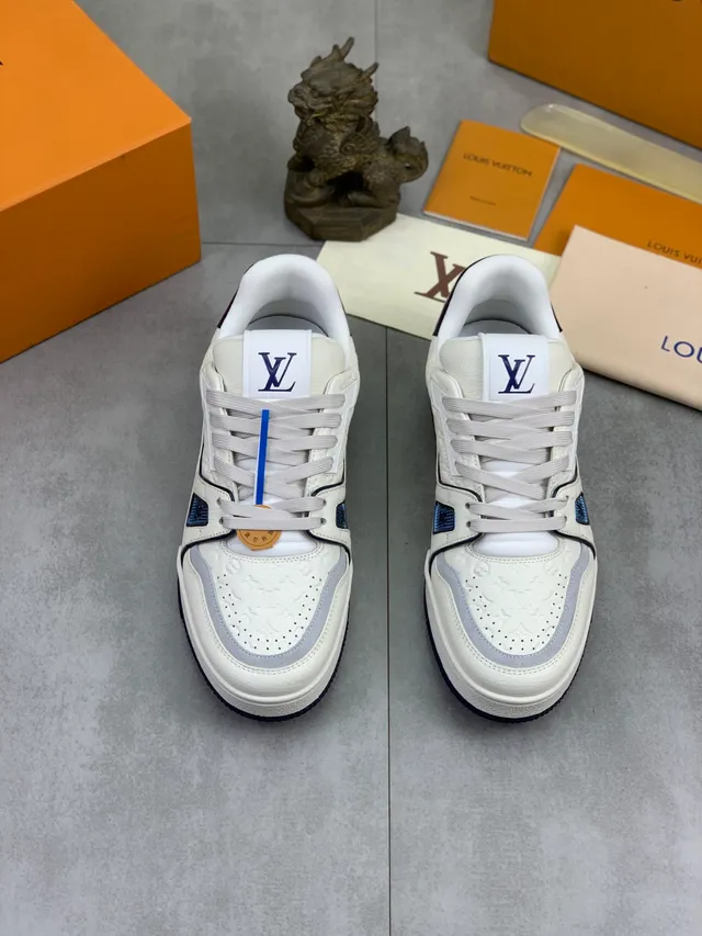 Louis Vuitton LV Trainer Beige Navy Embossed Monogram Leather Sculpted Layered Midsole Lifestyle Sneakers 4