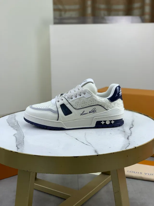 Louis Vuitton LV Trainer Beige Navy Embossed Monogram Leather Sculpted Layered Midsole Lifestyle Sneakers 5