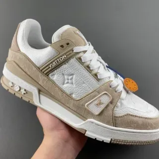 Louis Vuitton LV Trainer Bege Branco Em Camadas Monograma Couro Têxtil Sobreposições Tênis Lifestyle