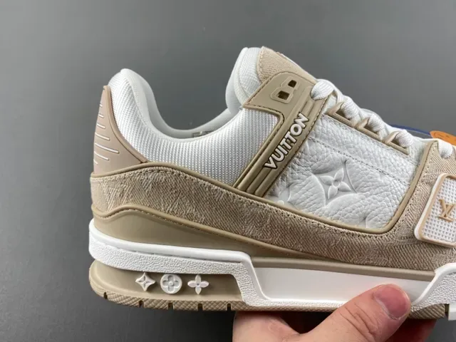 Louis Vuitton LV Trainer Beige White Layered Monogram Leather Textile Overlays Lifestyle Sneakers 3