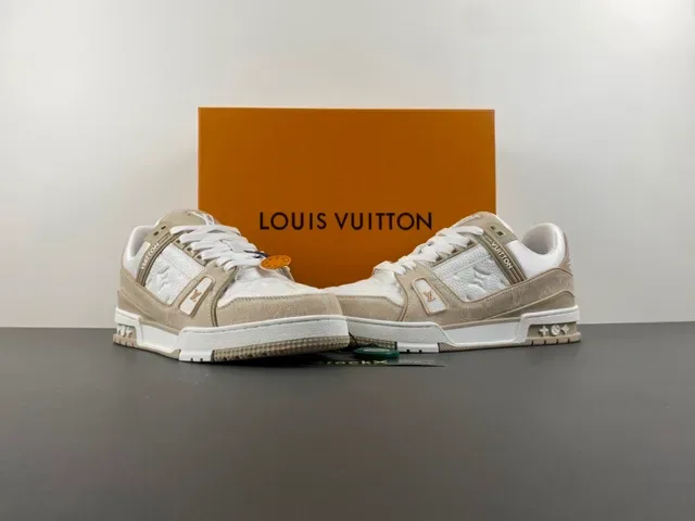 Louis Vuitton LV Trainer Beige White Layered Monogram Leather Textile Overlays Lifestyle Sneakers 12