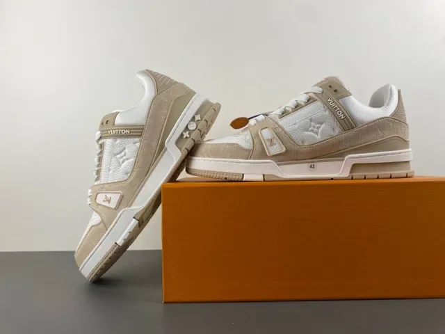 Louis Vuitton LV Trainer Beige White Layered Monogram Leather Textile Overlays Lifestyle Sneakers 13