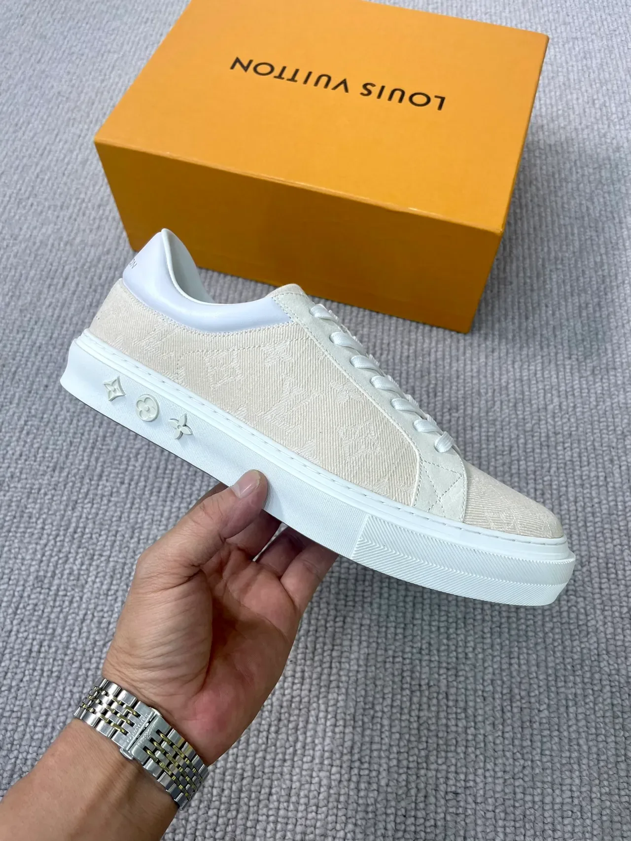 Louis Vuitton LV Trainer Beige White Monogram Canvas Upper Quilted Toe Cap Lifestyle Sneakers 5