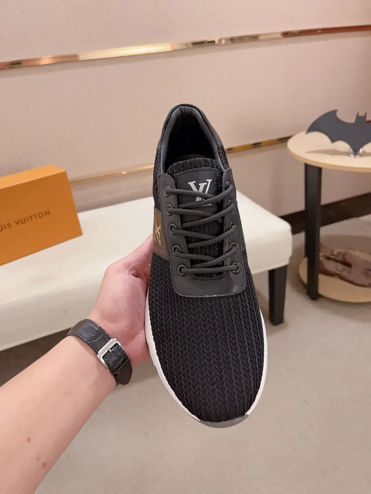 Louis Vuitton LV Trainer কালো বেইজ কিনিট উপরের চামড়া সাইড প্যানেল লাইফস্টাইল স্নিকার 2
