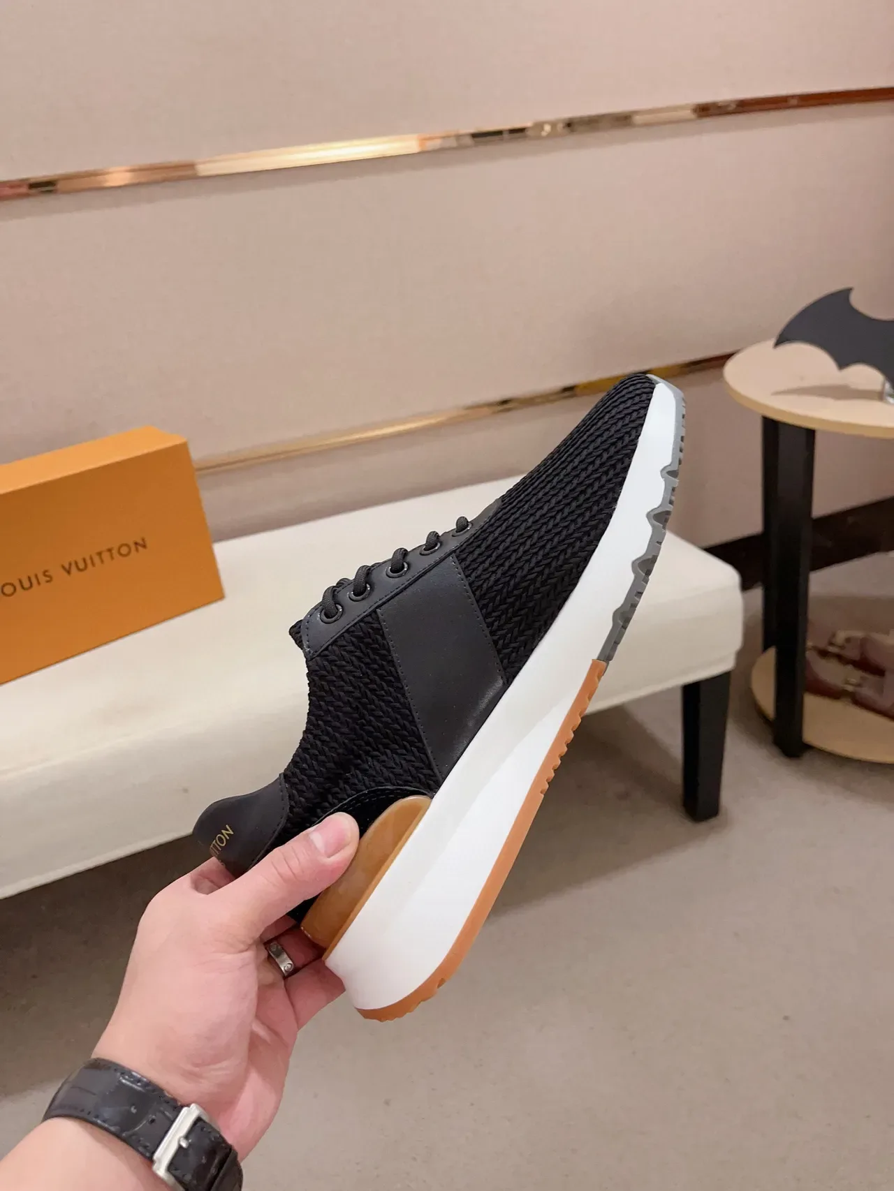 Louis Vuitton LV Trainer কালো বেইজ কিনিট উপরের চামড়া সাইড প্যানেল লাইফস্টাইল স্নিকার 5