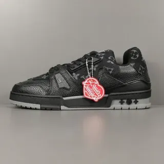 Louis Vuitton LV Trainer Negro Gris Monogram-Print Cuero Superposición de Jaula Asimétrica Estilo de Vida Sneakers