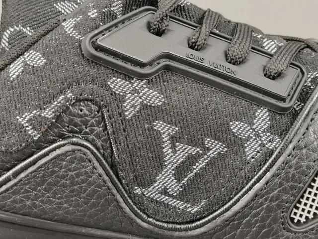Louis Vuitton LV Trainer Black Gray Monogram-Print Leather Asymmetric Cage Overlay Lifestyle Sneakers 3