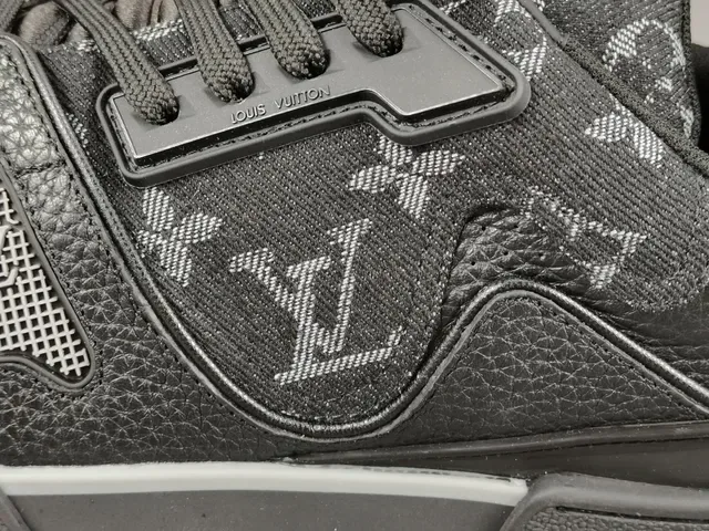 Louis Vuitton LV Trainer Black Gray Monogram-Print Leather Asymmetric Cage Overlay Lifestyle Sneakers 6