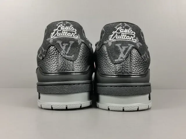 Louis Vuitton LV Trainer Black Gray Monogram-Print Leather Asymmetric Cage Overlay Lifestyle Sneakers 11