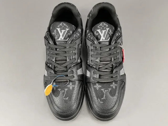 Louis Vuitton LV Trainer Black Gray Monogram-Print Leather Asymmetric Cage Overlay Lifestyle Sneakers 12