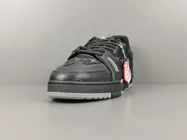 Louis Vuitton LV Trainer Black Gray Monogram-Print Leather Asymmetric Cage Overlay Lifestyle Sneakers 16