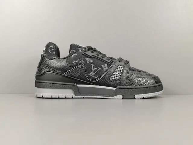 Louis Vuitton LV Trainer Black Gray Monogram-Print Leather Asymmetric Cage Overlay Lifestyle Sneakers 17