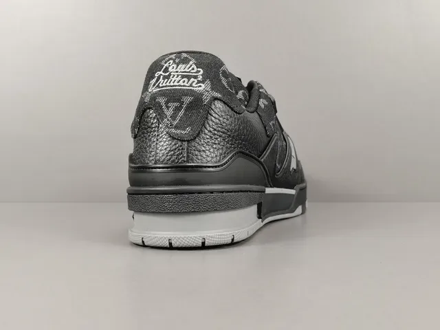 Louis Vuitton LV Trainer Black Gray Monogram-Print Leather Asymmetric Cage Overlay Lifestyle Sneakers 18