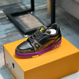 Louis Vuitton LV Trainer Negro Púrpura Monogram Lona Cuero Superposiciones Zapatillas Lifestyle