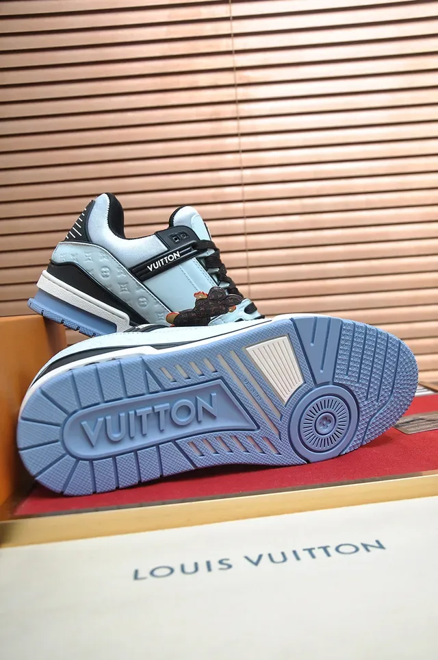 Louis Vuitton LV Trainer Blue Black Monogram-Embossed Leather Layered Cage Strap Lifestyle Sneakers 3
