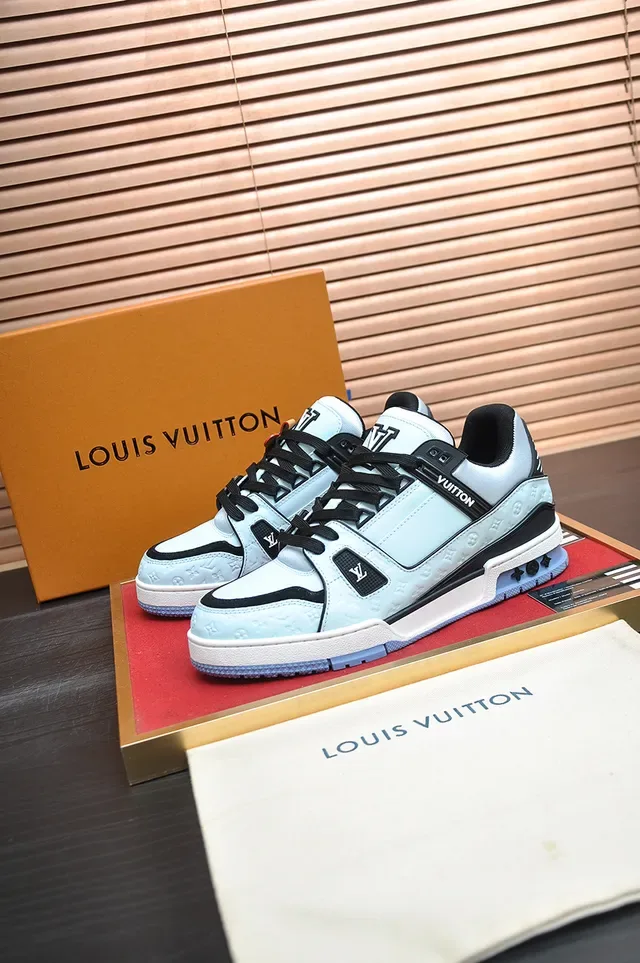 Louis Vuitton LV Trainer Blue Black Monogram-Embossed Leather Layered Cage Strap Lifestyle Sneakers 4