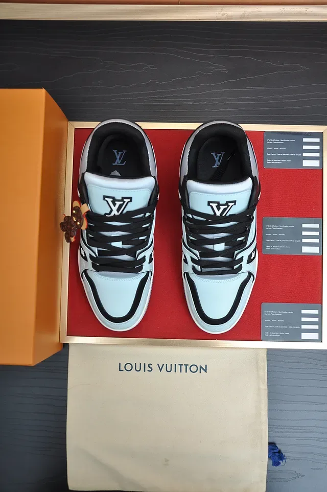 Louis Vuitton LV Trainer Blue Black Monogram-Embossed Leather Layered Cage Strap Lifestyle Sneakers 5