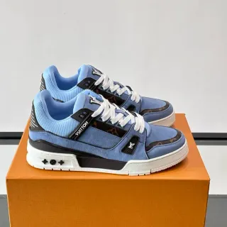 Louis Vuitton LV Trainer Azul Preto Camurça Parte superior Monogram Canvas Painéis Estilo de vida Sneakers