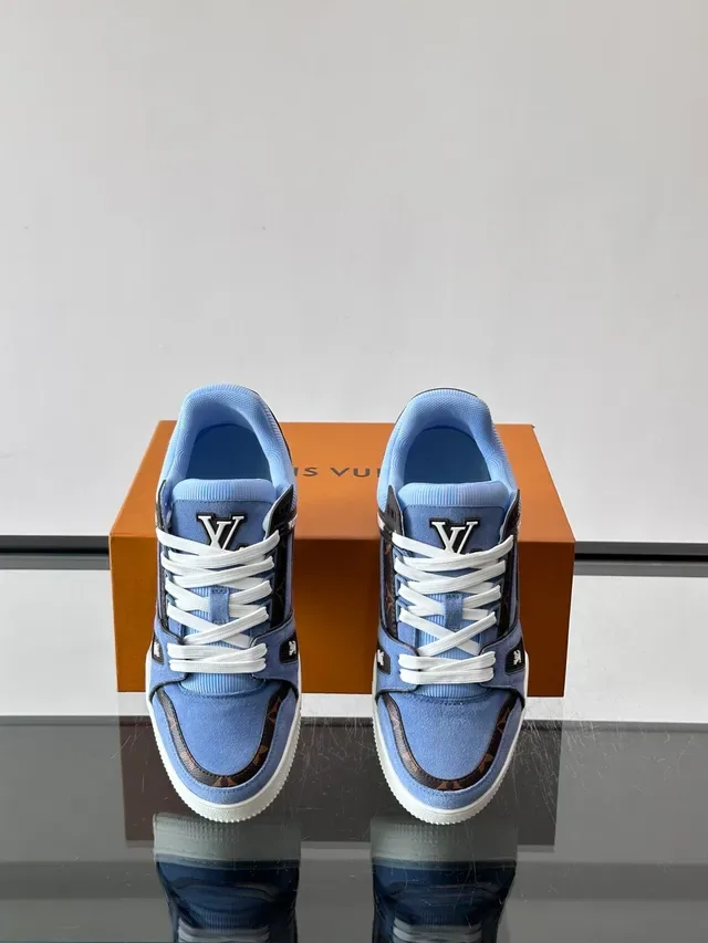 Louis Vuitton LV Trainer Blue Black Suede Upper Monogram Canvas Panels Lifestyle Sneakers 4