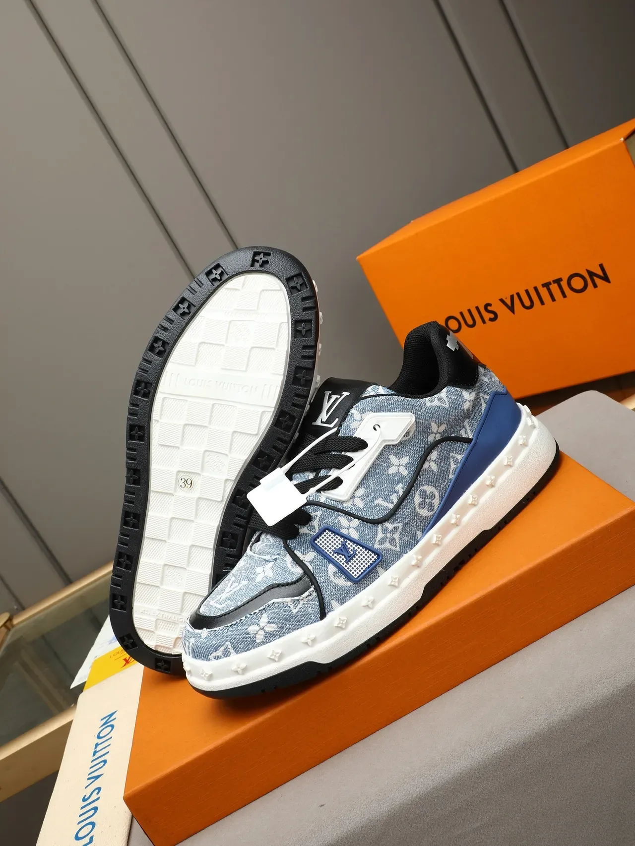 Louis Vuitton LV Trainer Blue White Monogram Canvas Star-Embossed Midsole Lifestyle Sneakers 4