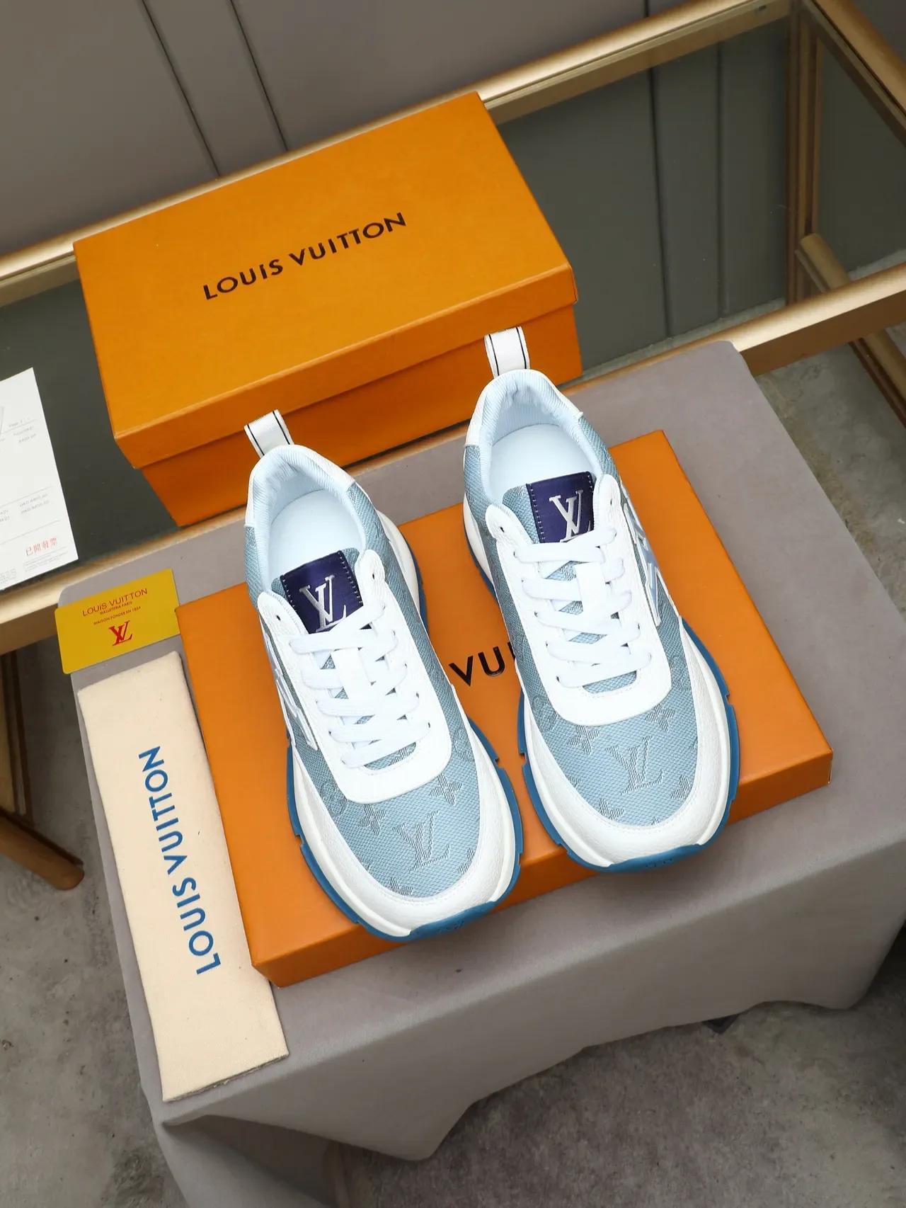 Louis Vuitton LV Trainer Blue White Oversized Monogram Logo Layered Mesh And Leather Upper Lifestyle Sneakers 2