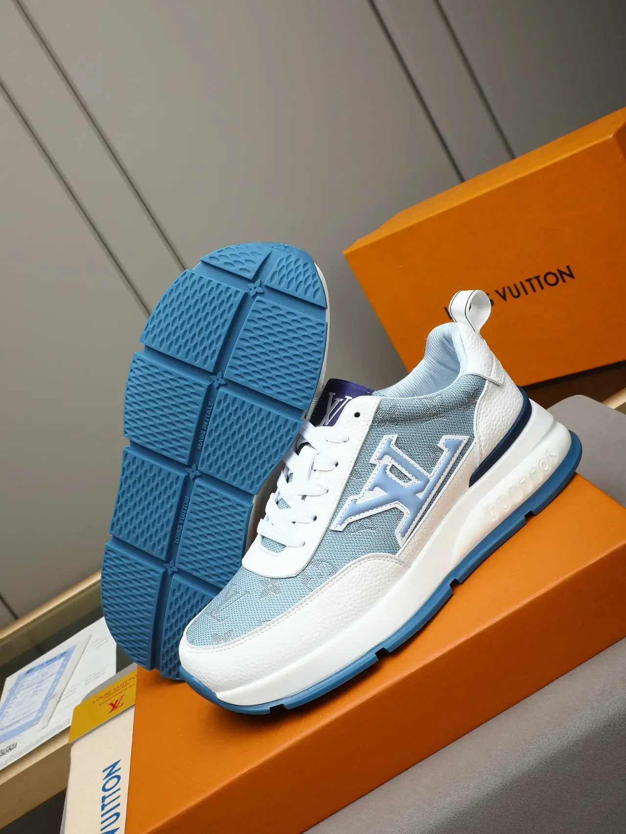 Louis Vuitton LV Trainer Blue White Oversized Monogram Logo Layered Mesh And Leather Upper Lifestyle Sneakers 4