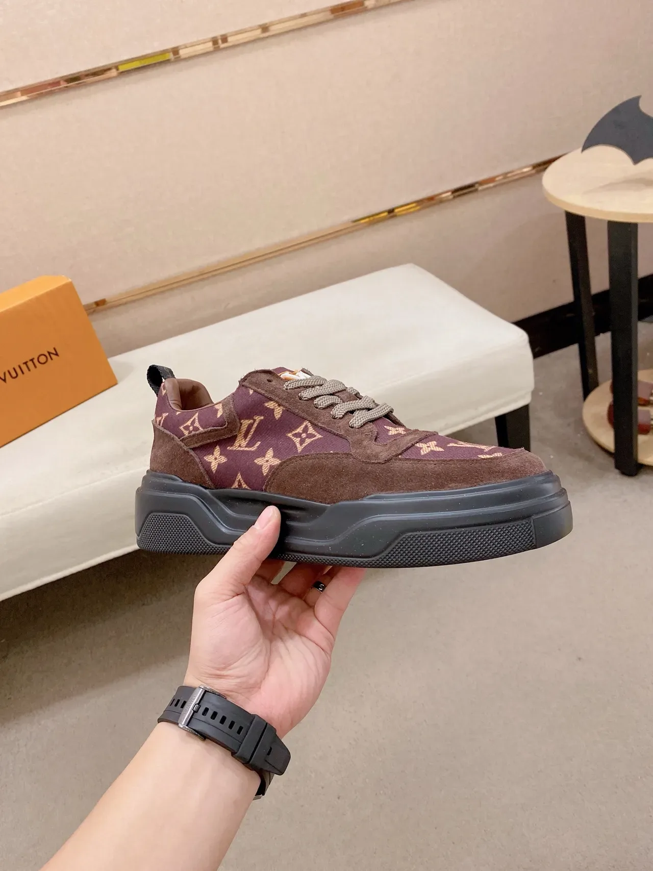Louis Vuitton LV Trainer Burgundy Brown Monogram Canvas Suede Overlays Lifestyle Sneakers 4