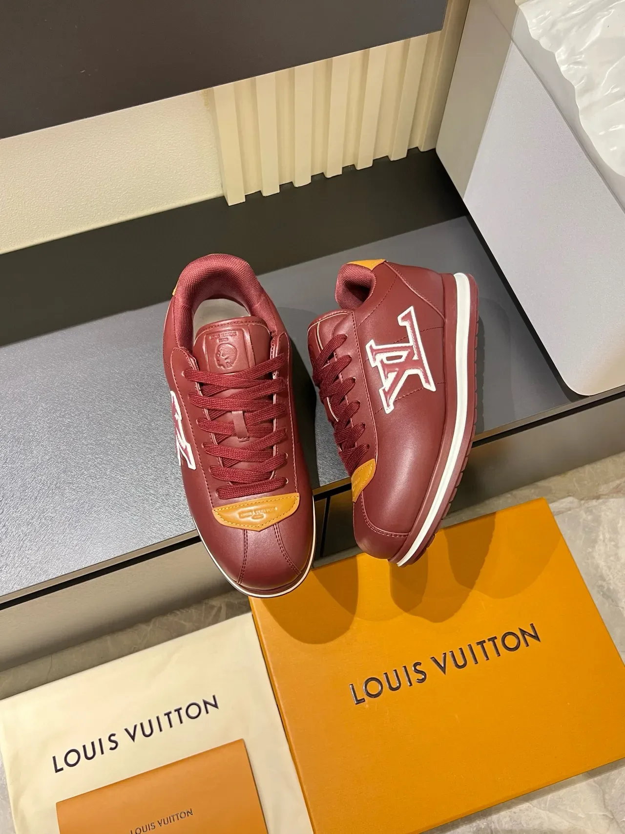 Louis Vuitton LV Trainer Burgundy Orange Leather Upper Embroidered Monogram Lifestyle Sneakers 4