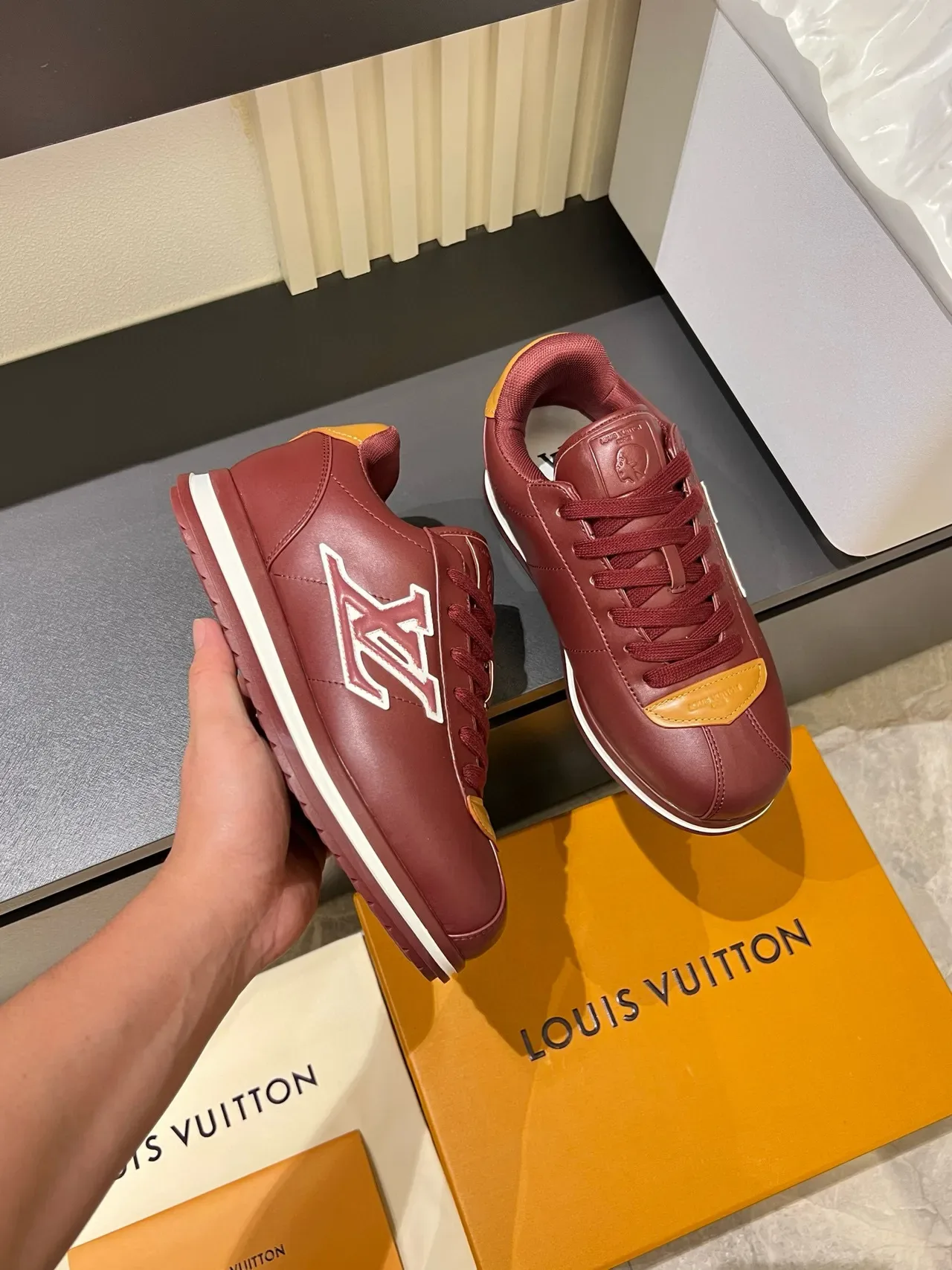 Louis Vuitton LV Trainer Burgundy Orange Leather Upper Embroidered Monogram Lifestyle Sneakers 6