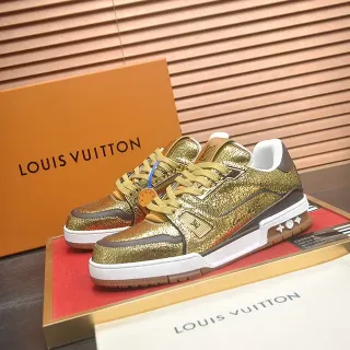 Louis Vuitton LV Trainer Gold Brown Metallic Cracked Leather Layered Panel Construction Lifestyle Sneakers