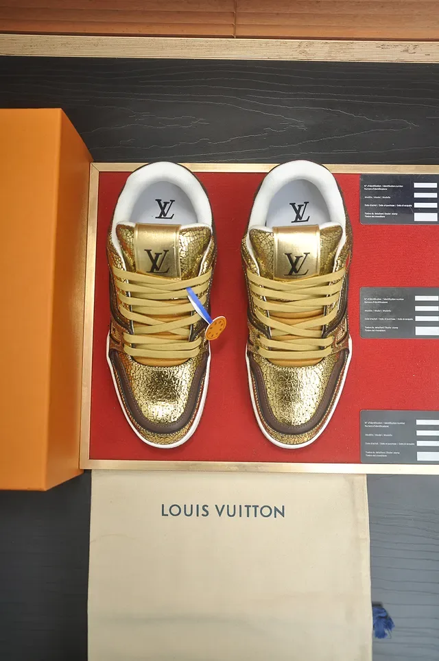 Louis Vuitton LV Trainer Chaussures Lifestyle en Cuir Cracked Métallique à Panneaux Superposés Couleur Gold Brown 5