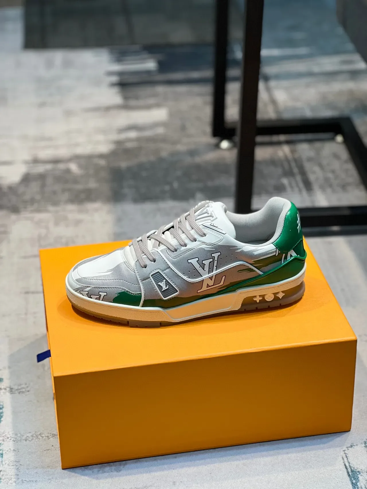 Louis Vuitton LV Trainer Gray Green Monogrammed Overlay Color-Blocked And Silver Lifestyle Sneakers 1