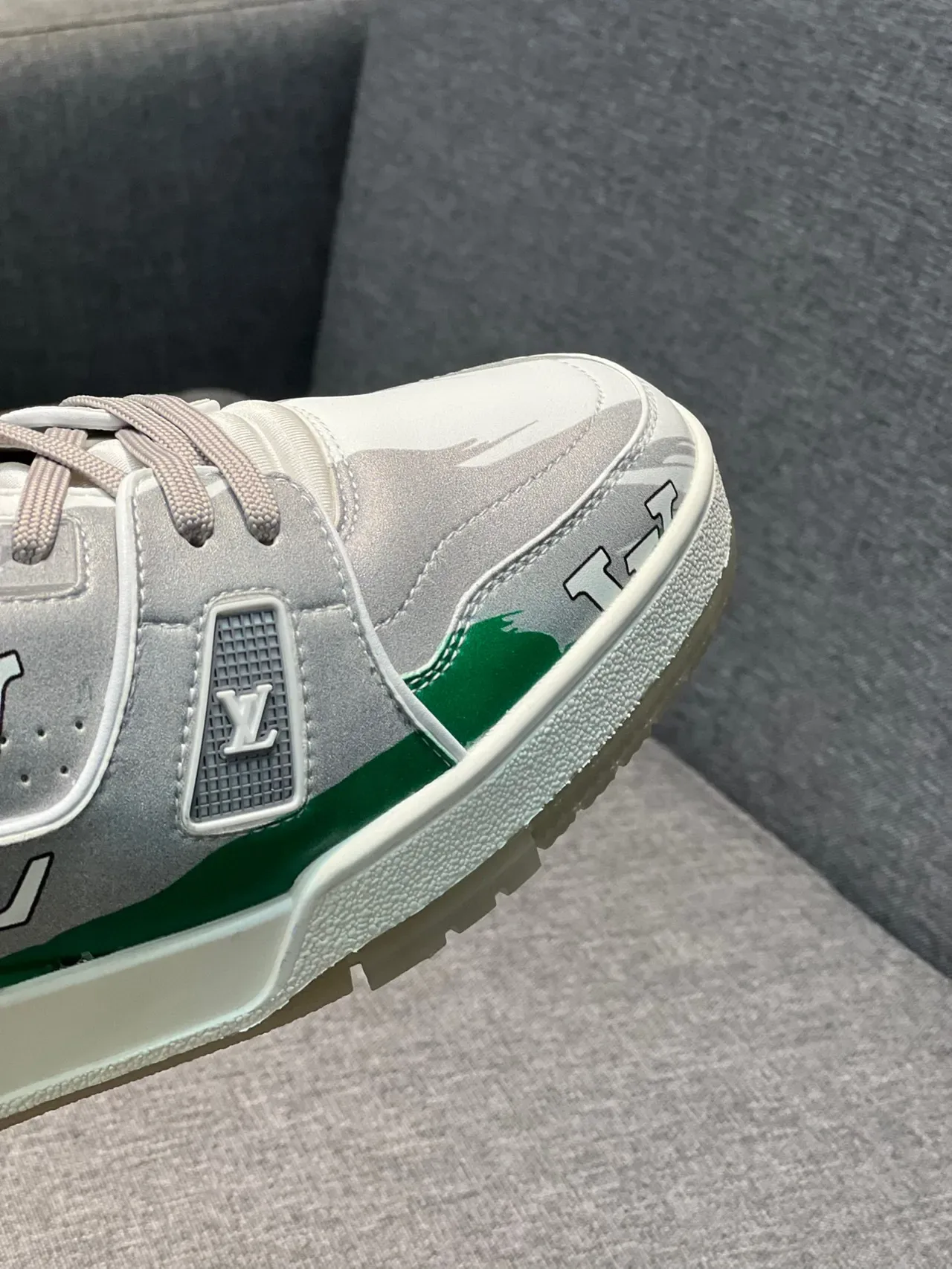 Louis Vuitton LV Trainer Gray Green Monogrammed Overlay Color-Blocked And Silver Lifestyle Sneakers 3