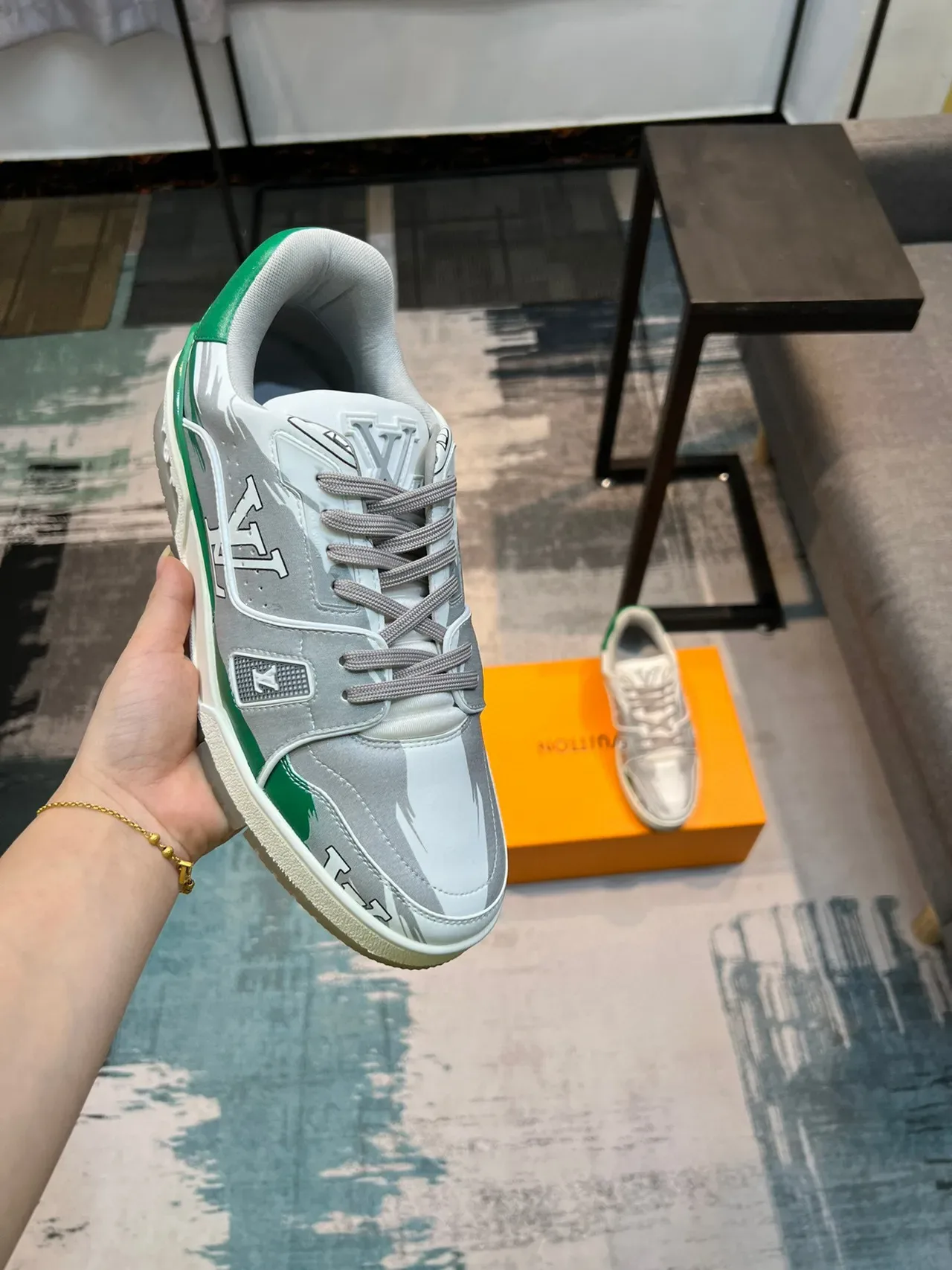 Louis Vuitton LV Trainer Gray Green Monogrammed Overlay Color-Blocked And Silver Lifestyle Sneakers 6