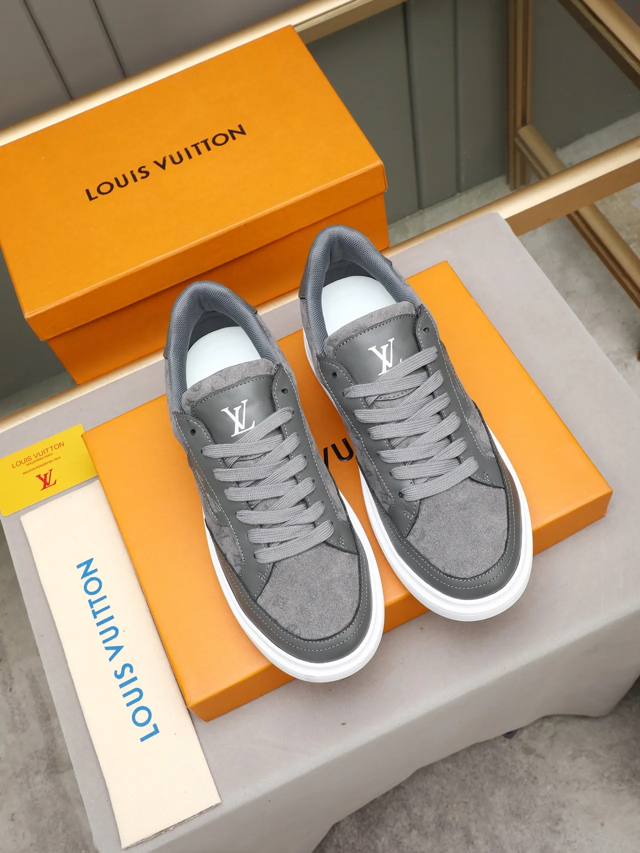 Louis Vuitton LV Trainer Gray White Monogrammed Suede Cursive Script Patch Lifestyle Sneakers 2