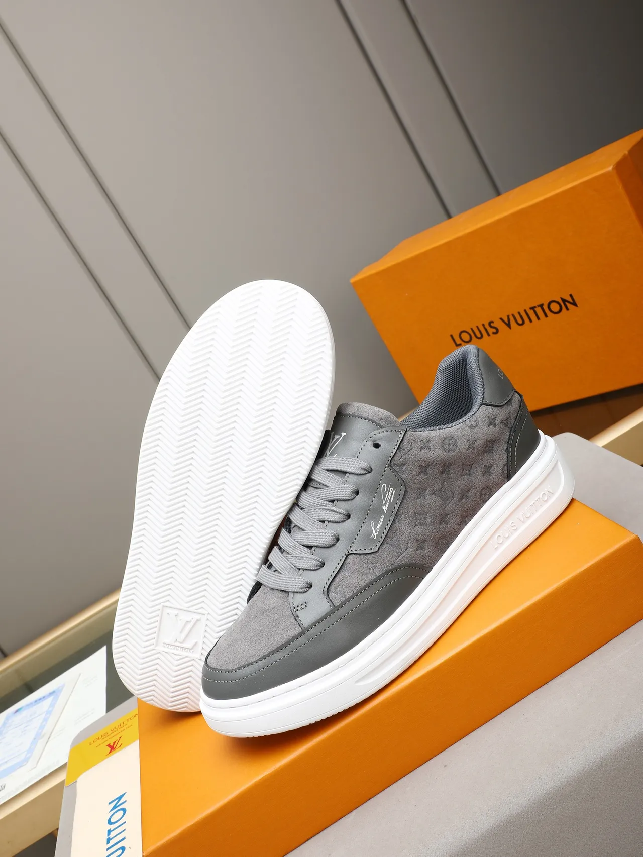 Louis Vuitton LV Trainer Gray White Monogrammed Suede Cursive Script Patch Lifestyle Sneakers 4