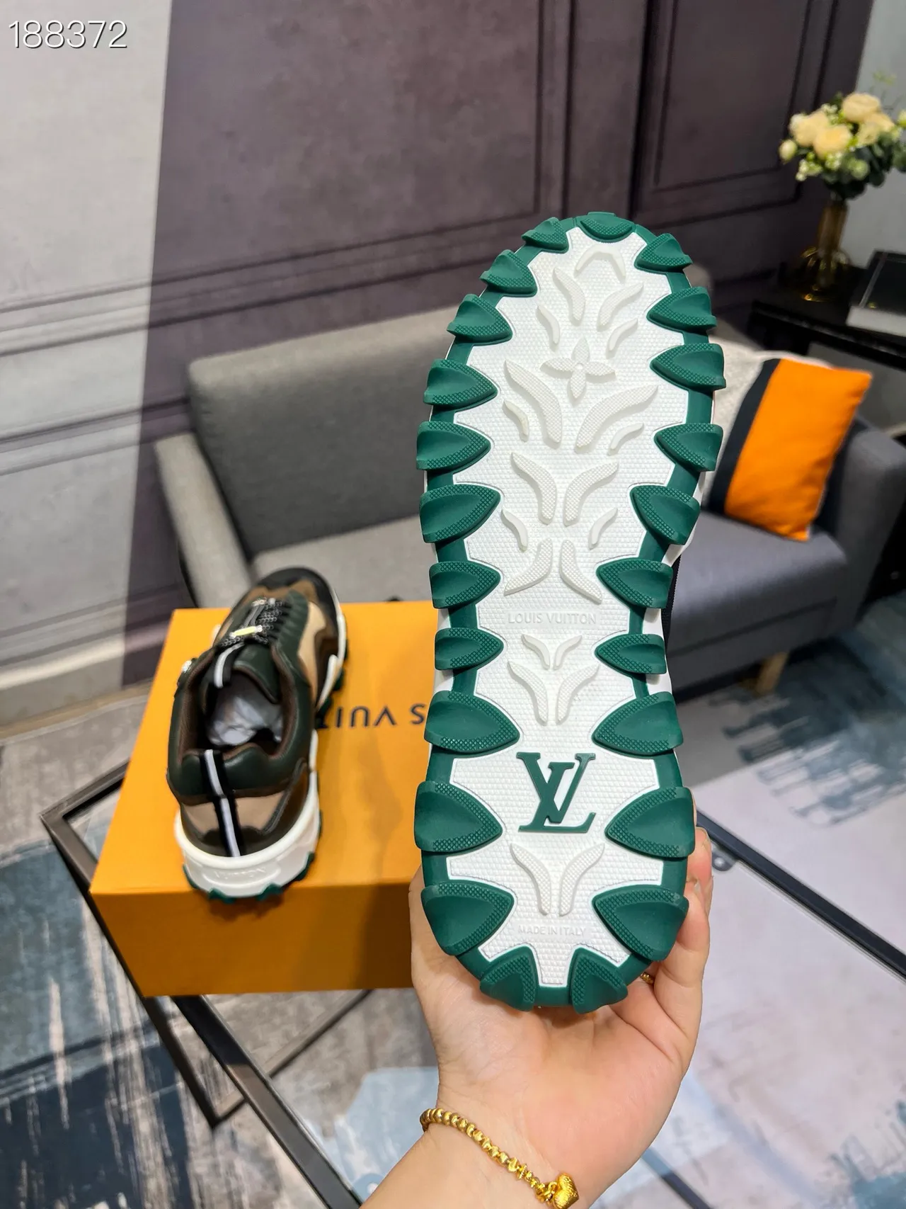 Louis Vuitton LV Trainer Green Beige Sole Layered Leather-Suede Construction Chunky Sneakers 3