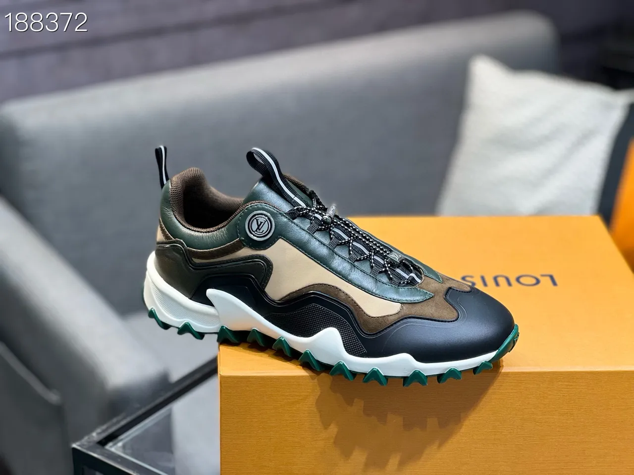Louis Vuitton LV Trainer Green Beige Sole Layered Leather-Suede Construction Chunky Sneakers 4