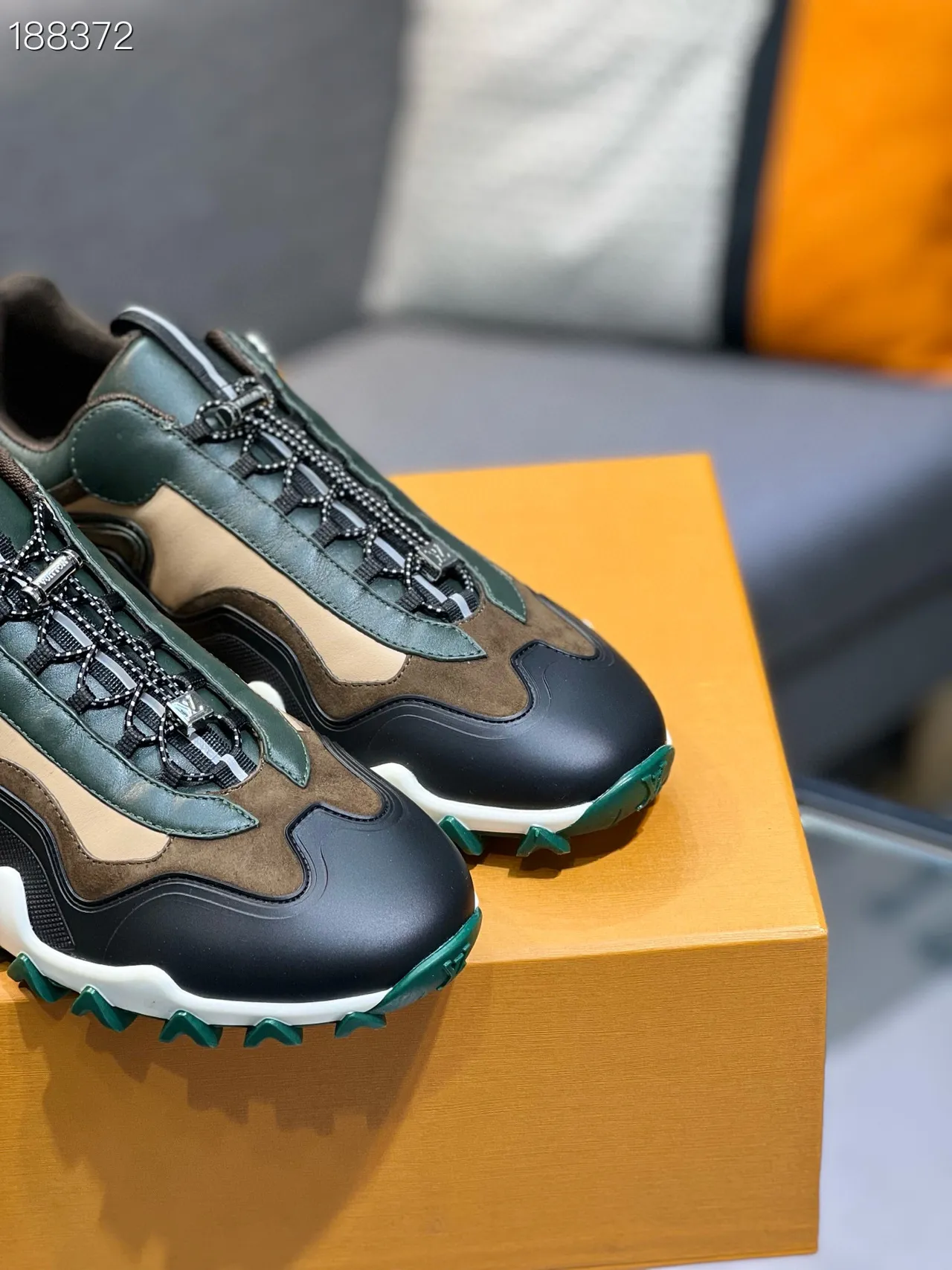 Louis Vuitton LV Trainer Green Beige Sole Layered Leather-Suede Construction Chunky Sneakers 5