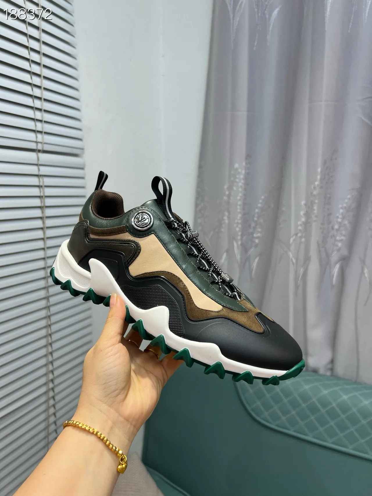 Louis Vuitton LV Trainer Green Beige Sole Layered Leather-Suede Construction Chunky Sneakers 6