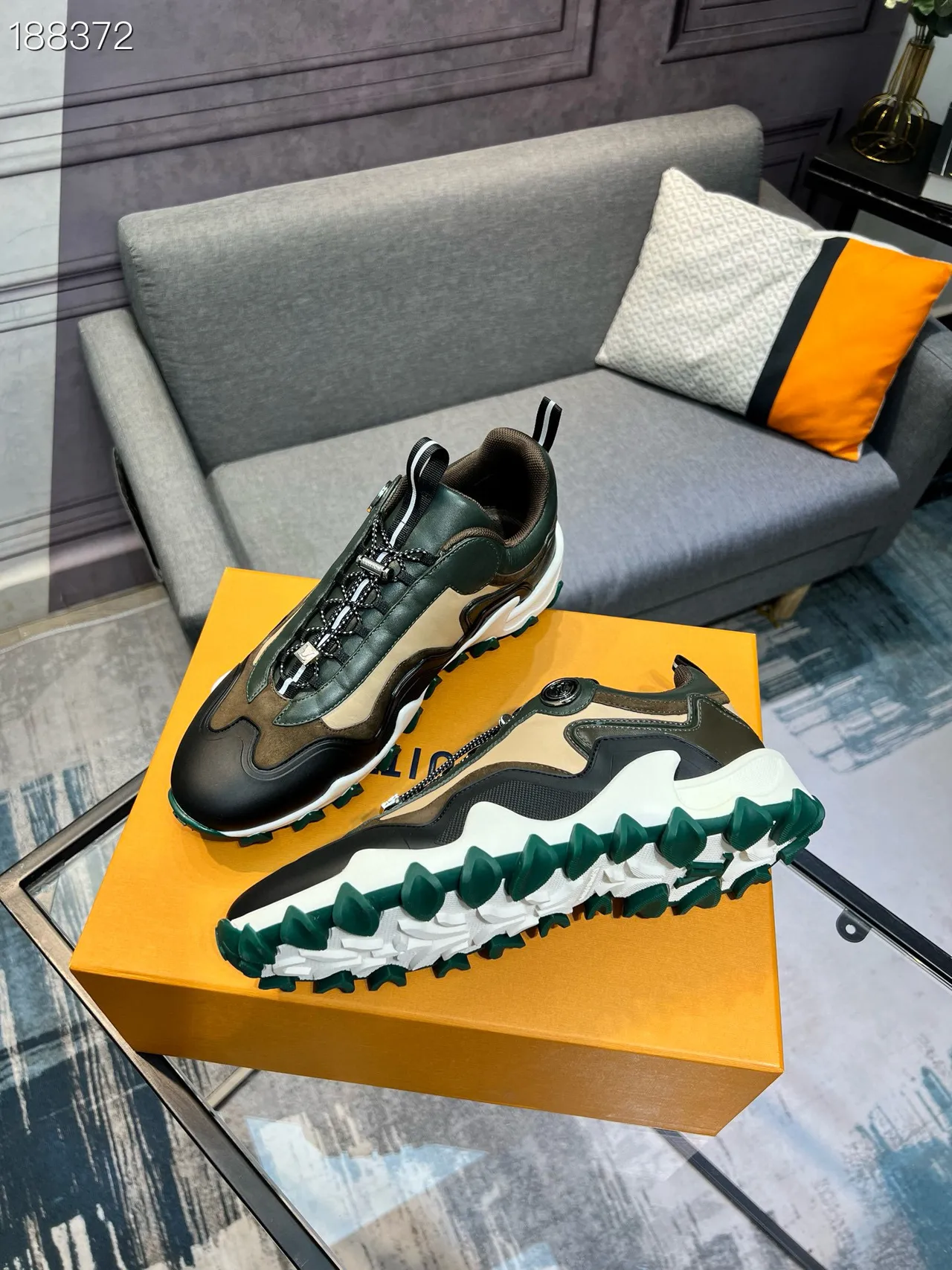 Louis Vuitton LV Trainer Green Beige Sole Layered Leather-Suede Construction Chunky Sneakers 7