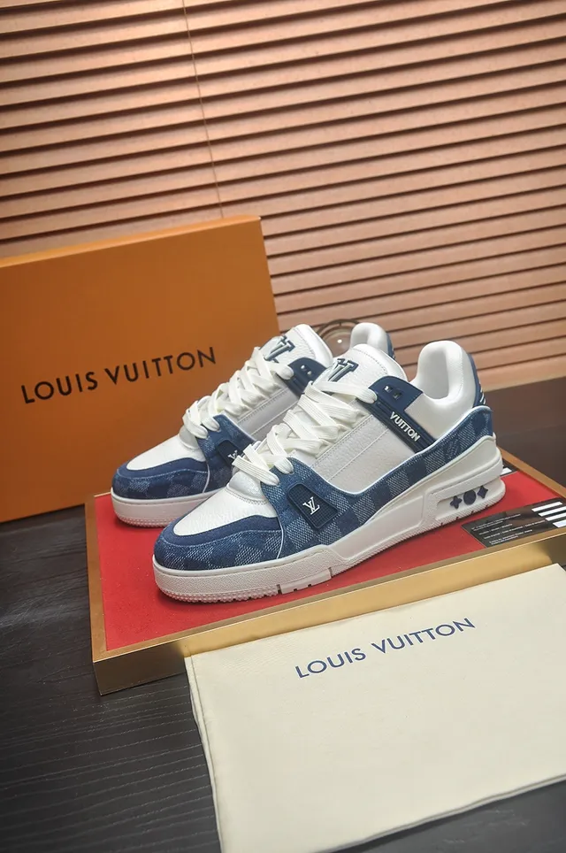 Louis Vuitton LV Trainer Navy Beige Denim-Paneled Chunky Sole Lifestyle Sneakers 4