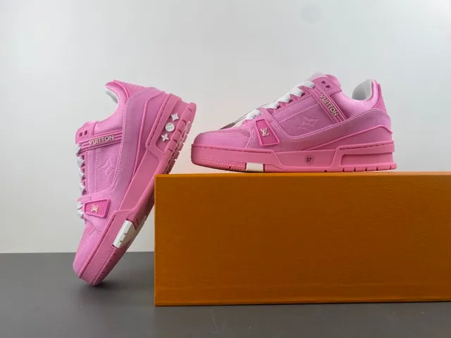 Louis Vuitton LV Trainer Pink White Chunky Platform Sole Denim-Textured Upper Lifestyle Sneakers 14