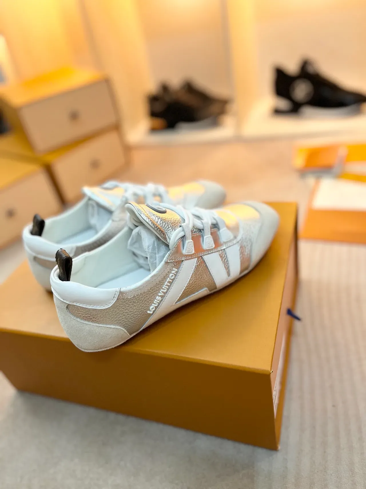 লুইস ভিটন LV Trainer সিলভার হোয়াইট মেটালিক এবং টু-টোন V-শেপড সাইড স্ট্রাইপ লাইফস্টাইল স্নিকার্স 4