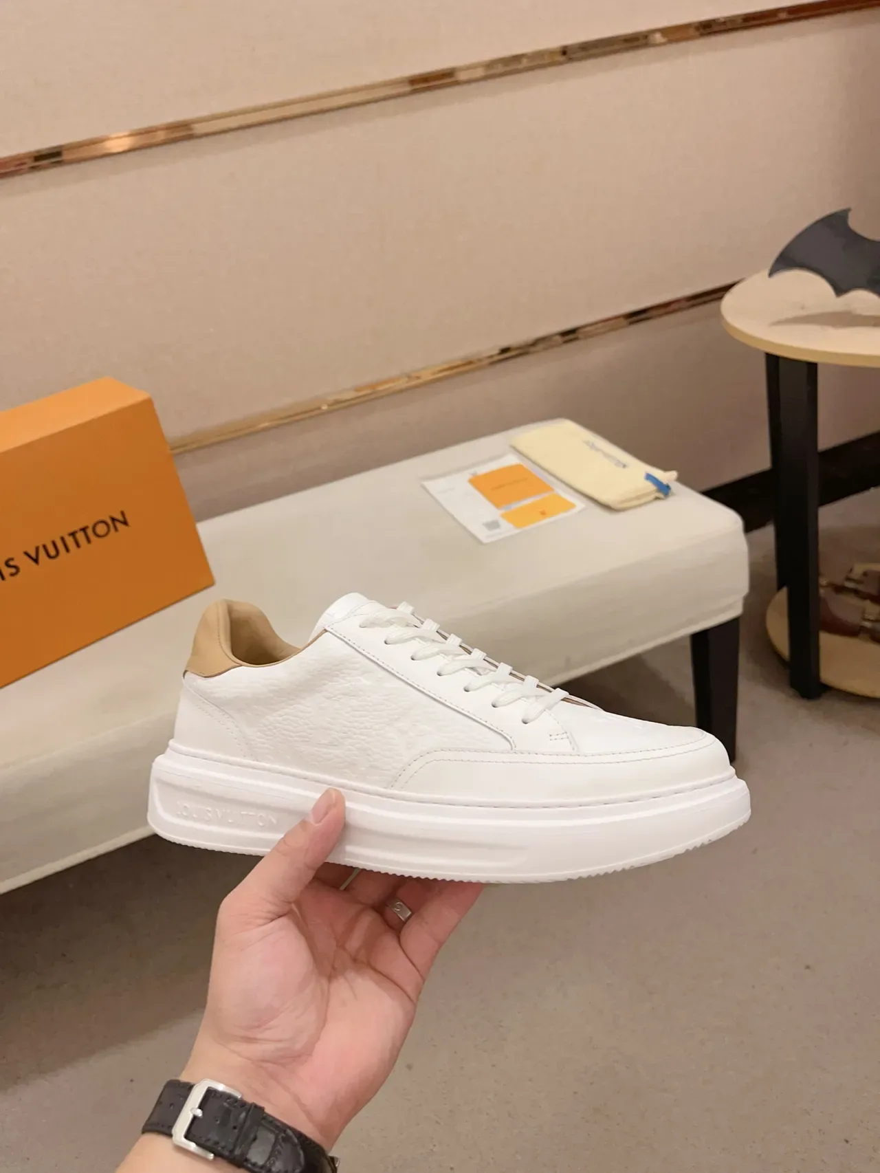 Louis Vuitton LV Trainer White Beige Monogram Leather Platform Sole Lifestyle Sneakers 4